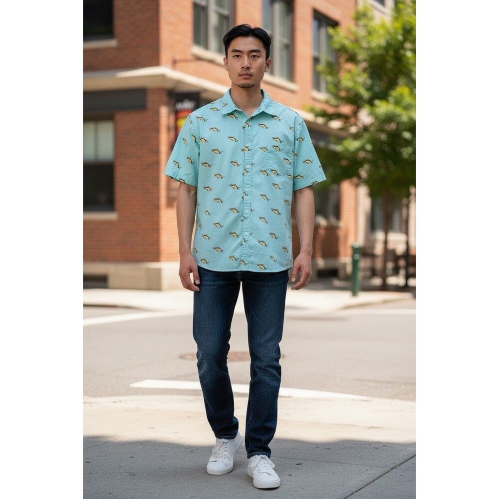 Fifth Sun Taco Shark Print Button Up Shirt Men’s Aqua Blue Novelty XL